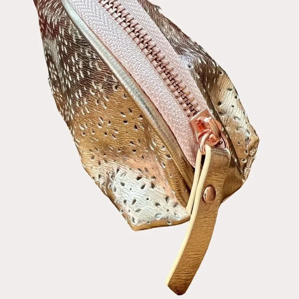 Chi Rose Gold Floral Cut Out Makeup Bag Accessory Pouch Satin Lined New NWOT